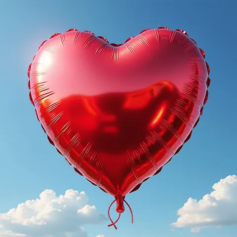 Balão metalizado em formato de coração vermelho flutuando contra o céu azul
