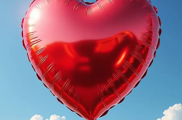 Balão metalizado em formato de coração vermelho flutuando contra o céu azul