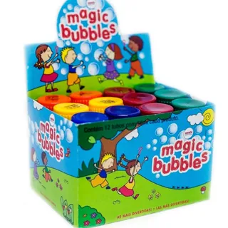 Caixa expositora de bolha de sabão Magic Bubbles com doze tubos coloridos de 56 mililitros