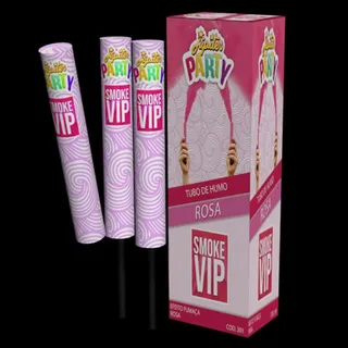 Caixa e três tubos de fumaça colorida Smoke VIP na cor rosa, da linha Party