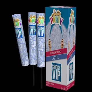 Caixa e três tubos de fumaça colorida Smoke VIP na cor azul, da linha Party