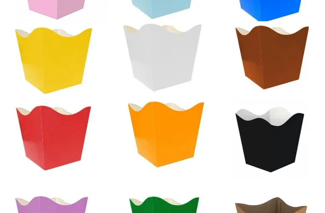 Doze cachepôs de papel cartão com borda ondulada, em rosa, azul, amarelo, branco, marrom, vermelho, laranja, preto, lilás, verde e kraft