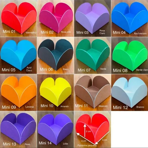 Cartela de forminhas de papel para doces em quatorze cores numeradas, com a medida da forminha pequena indicada em 3 por 3 por 2 centímetros