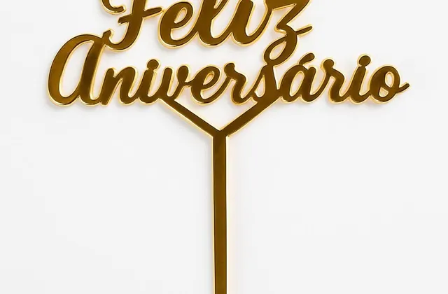 Topo de bolo em acrílico dourado com a frase "Feliz Aniversário" em letra cursiva
