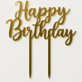 Topo de bolo em acrílico dourado com a frase "Happy Birthday" e dois espetos de fixação