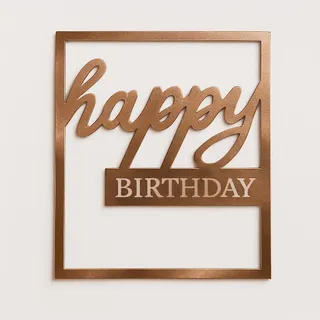 Topo de bolo cor de cobre em formato de moldura quadrada com a frase "happy Birthday"